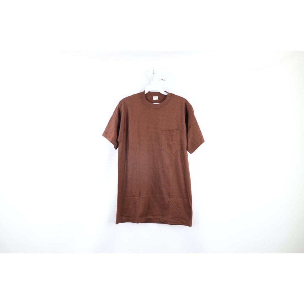 Nos Vintage 60s Streetwear Mens Medium Blank Pocket T-Shirt Brown Cotton Usa